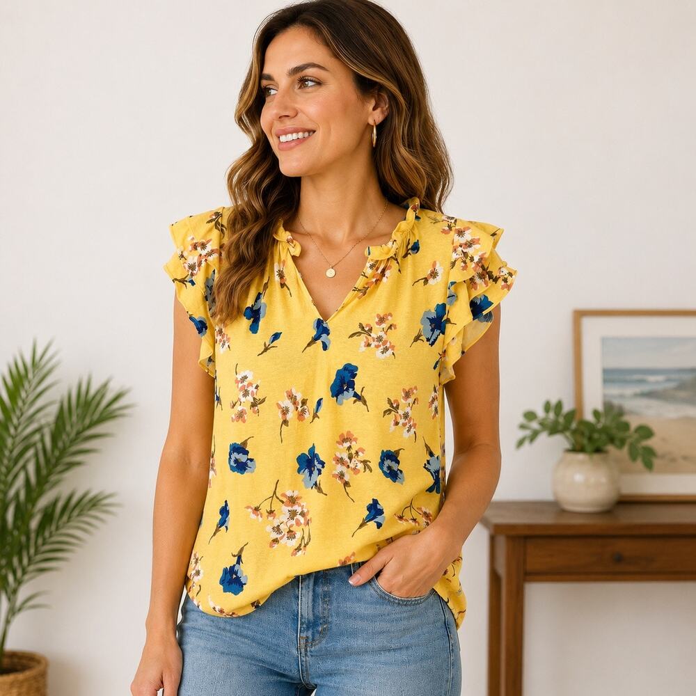 Lauren Ralph Lauren Yellow Floral Ruffle Sleeve Blouse Top Medium Boho